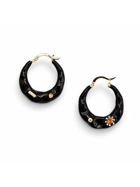 New! Black Flower Enamel Hoop Earrings NWOT (1053)